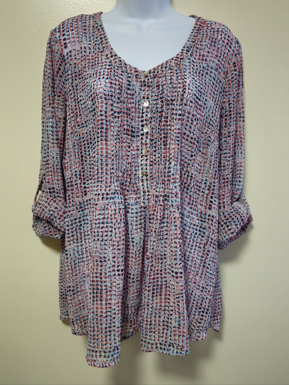 Motherhood Maternity Long Sleeve Roll Tab Blouse Abstract Geometric Size Large